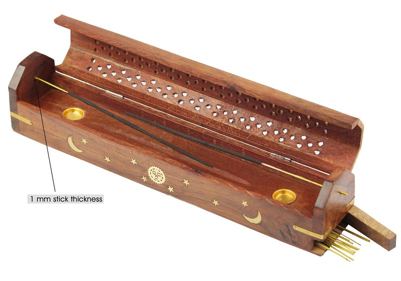 Cotton Craft Sheesham Wood Incense Burner Holder - Set of 2 Coffin Style Sun Moon Inlay Handmade Aromatherapy Room Freshener Fragrance Cone Incense Stick Burner Ash Catcher - Zen Home Gift - 12x2x2 - COTTON CRAFT - Image 3